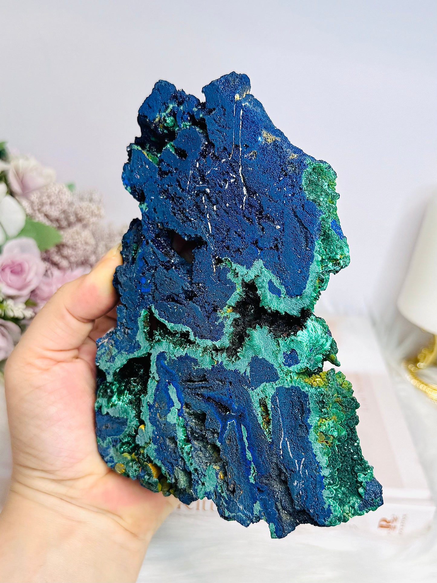 High Grade Azurite Slab with Malachite Inclusions on Stand 16cm 508g