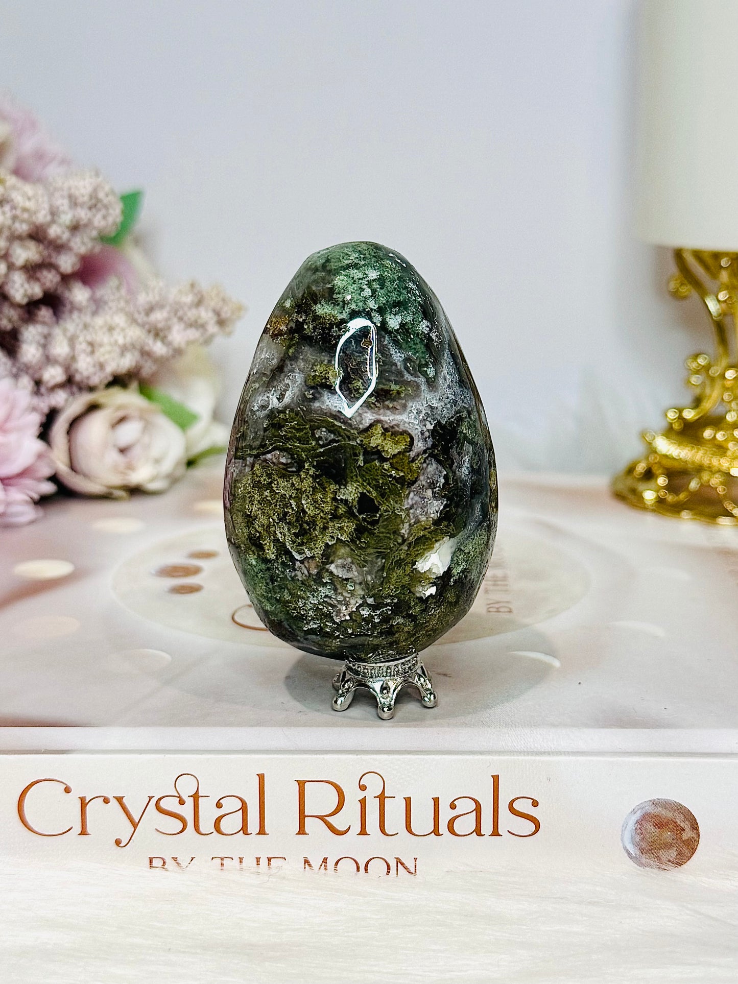 Moss Agate Druzy Egg On Stand 6.5cm