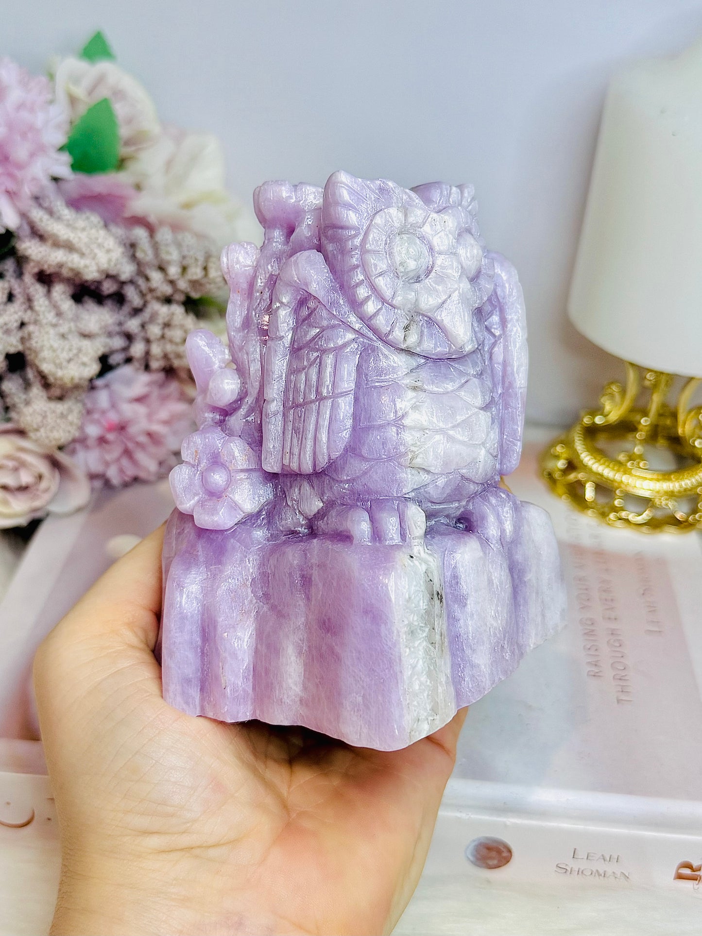 Large Kunzite Carved Owl 698g 11cm