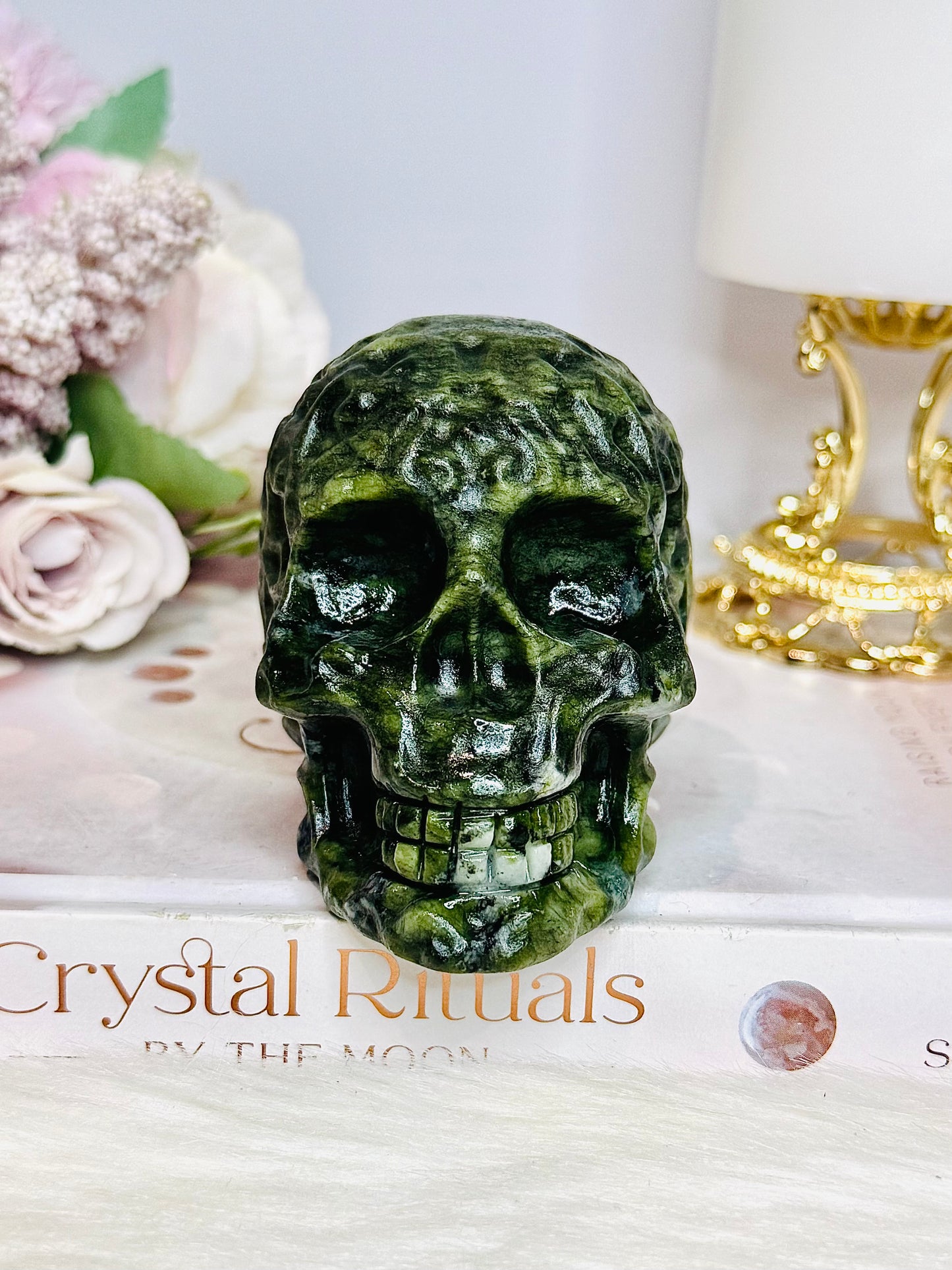 Green Jade Filigree Carved Skull 9cm