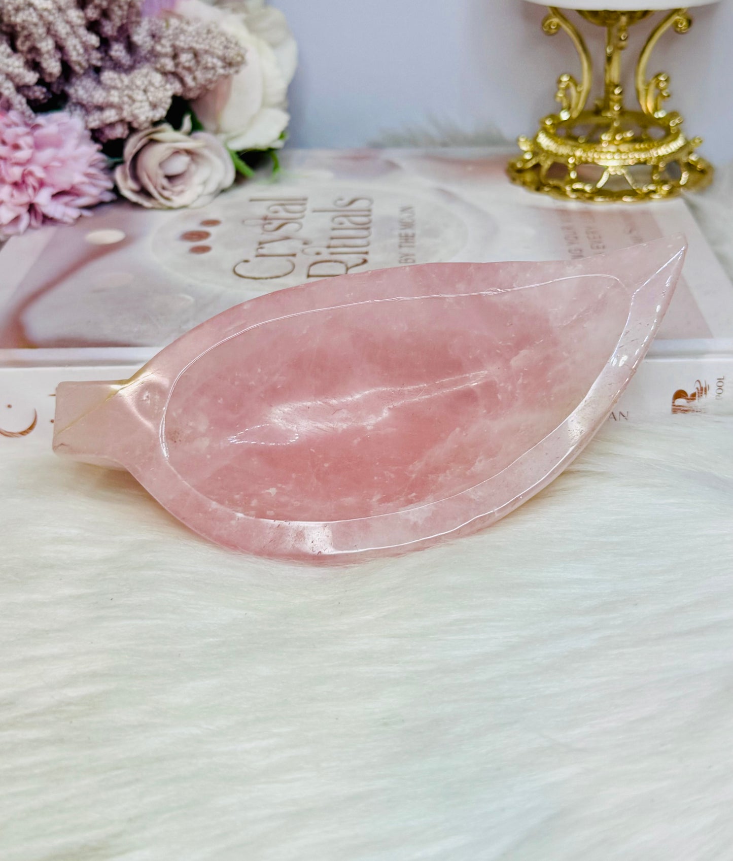 Large Chunky Rose Quartz Carved Leaf Bowl 15cm 410g