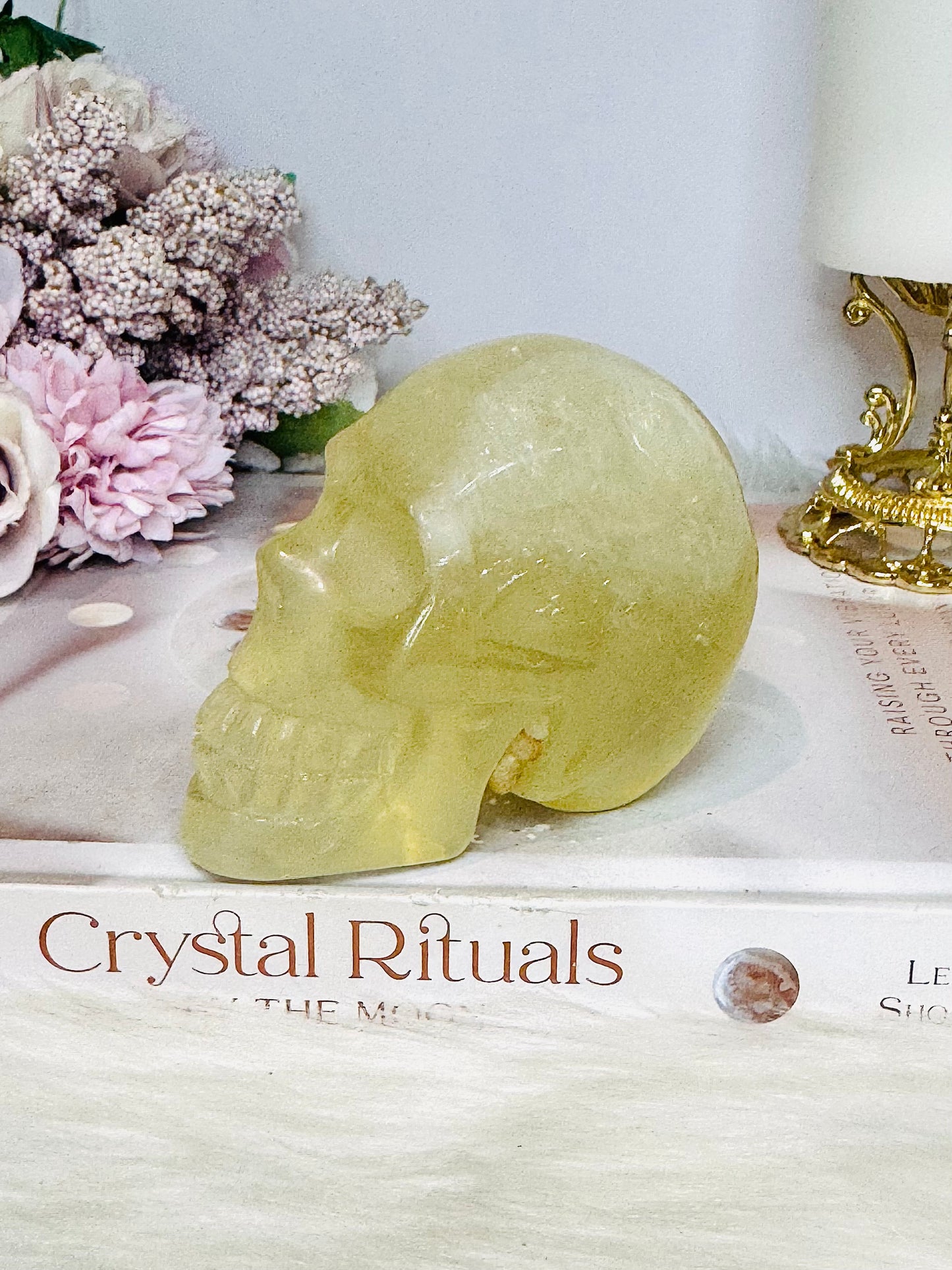 Citrine Carved Skull with Rainbows 8cm 399g