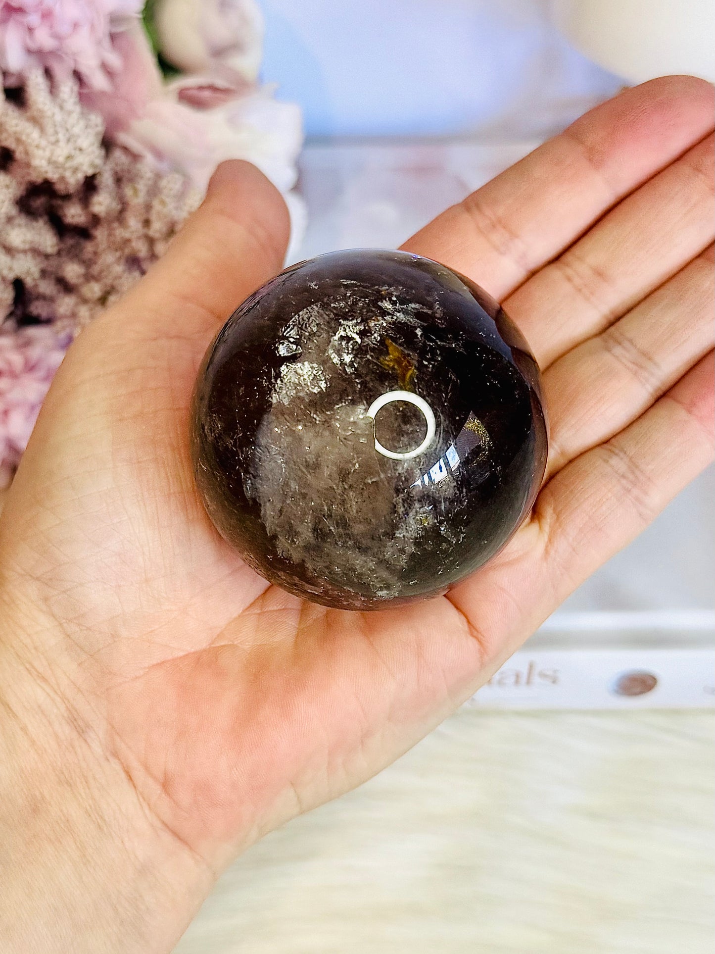 Beautiful 265gram Smokey Quartz Sphere with Rainbow on Stand