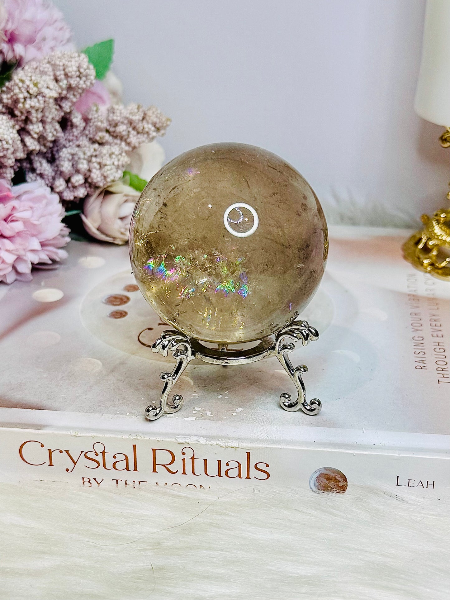 High Grade Smokey Quartz Sphere Full of Rainbows on Stand 307g