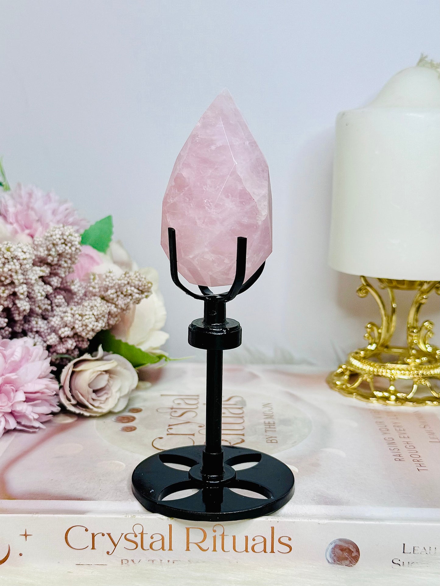 High Grade Rose Quartz Carved Diamond on Stand 14cm
