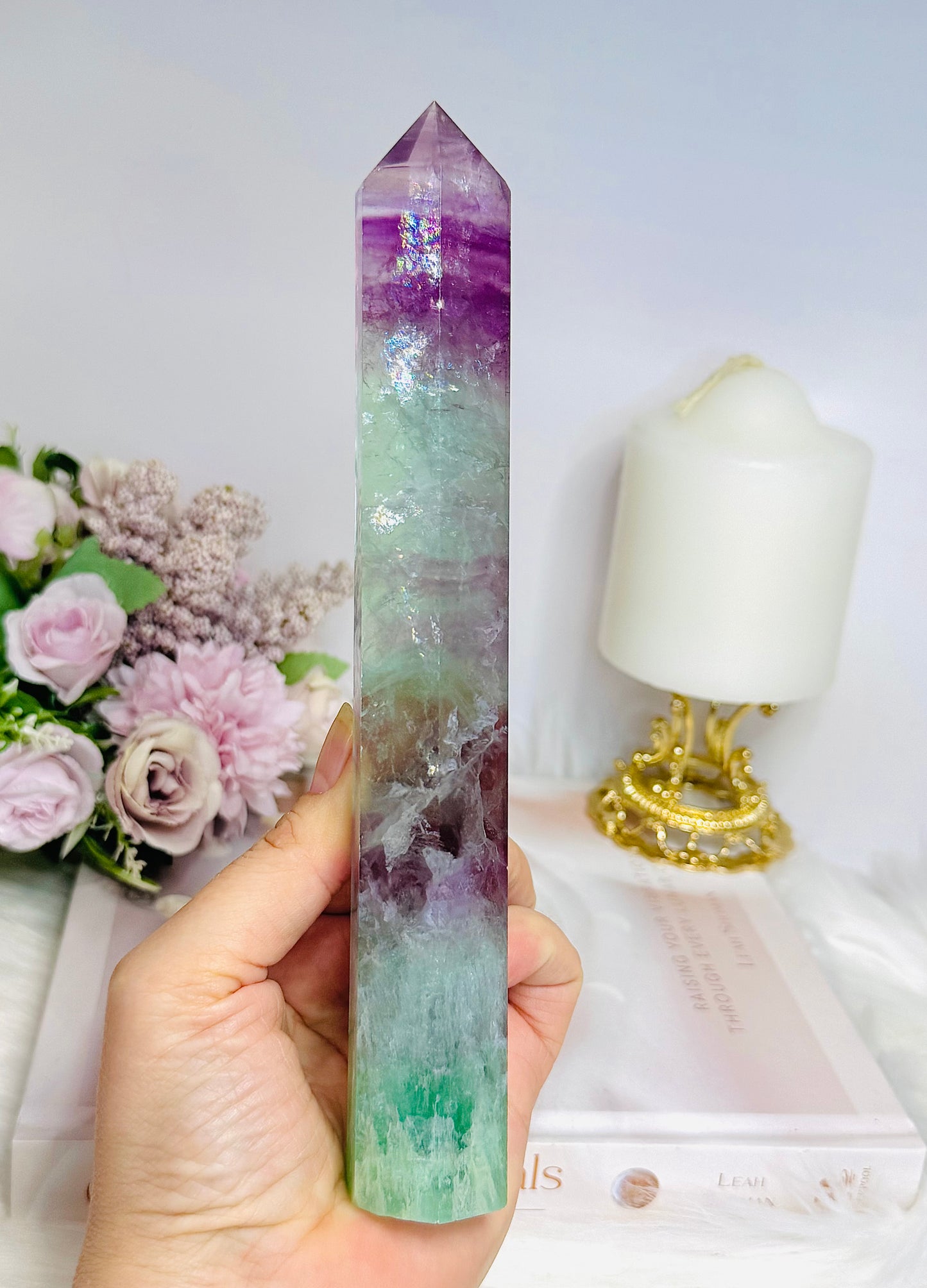 Tall Watermelon Fluorite Tower 20.5cm with Rainbows