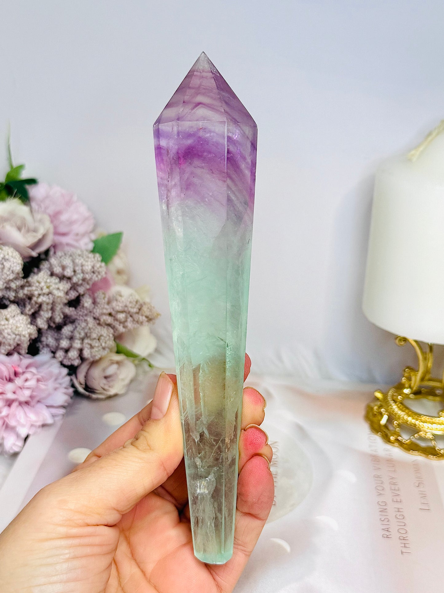 Watermelon Fluorite Wand | Tower with Rainbows  17.5cm