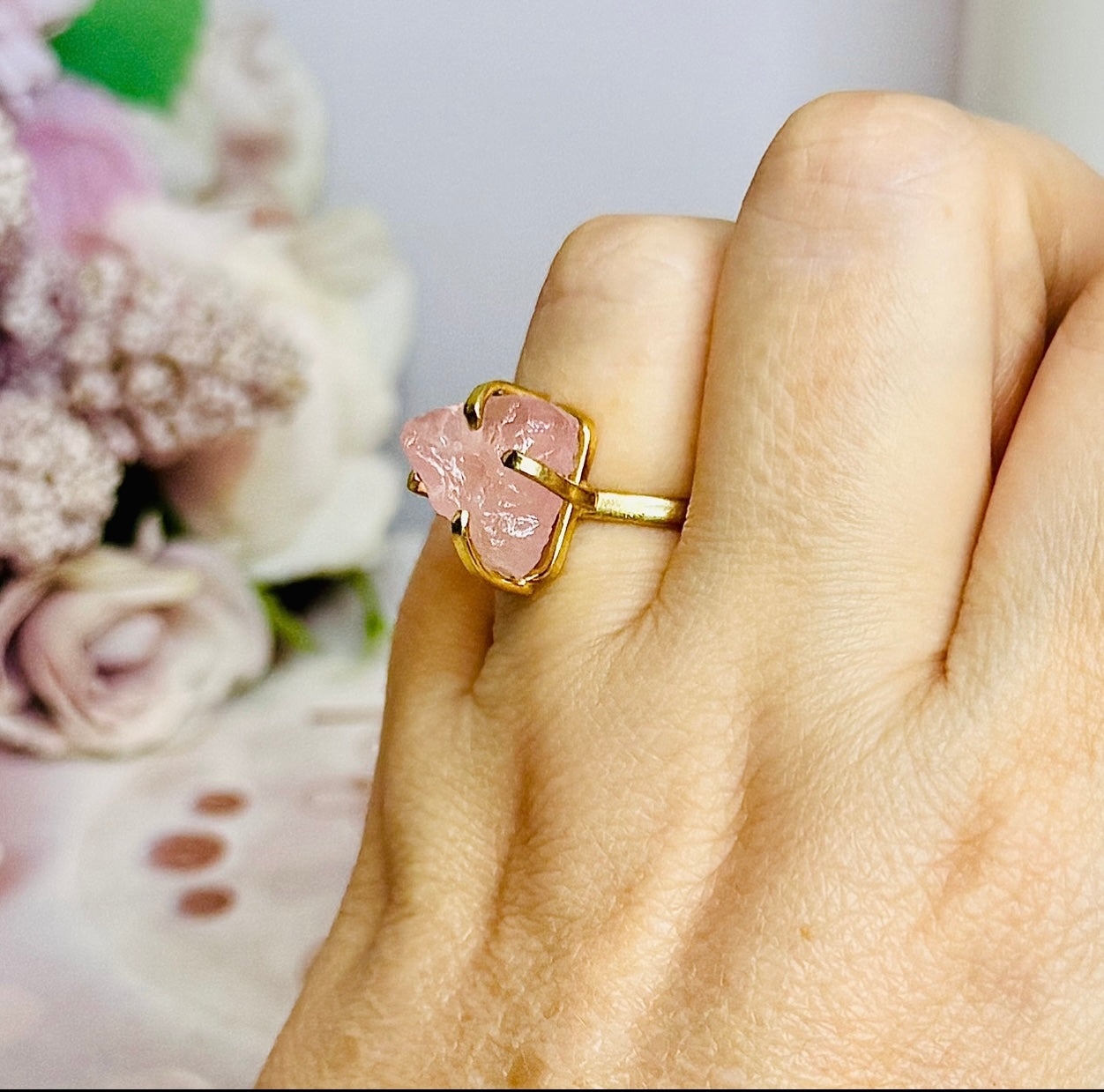 Natural Rose Quartz Gold Plated Adjustable Ring From Brazil ~ In Gift Bag