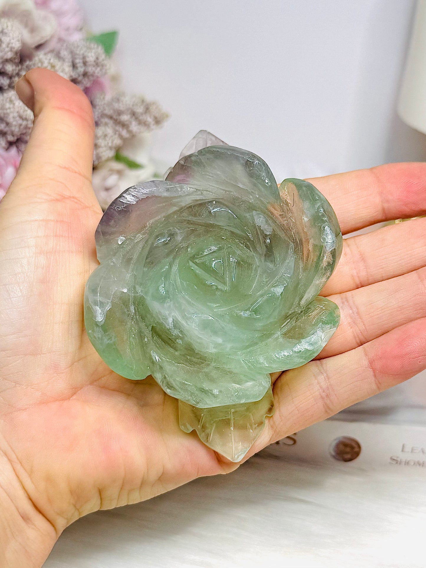 Watermelon Fluorite Carved Flower | Rose On Stand 10cm 250g