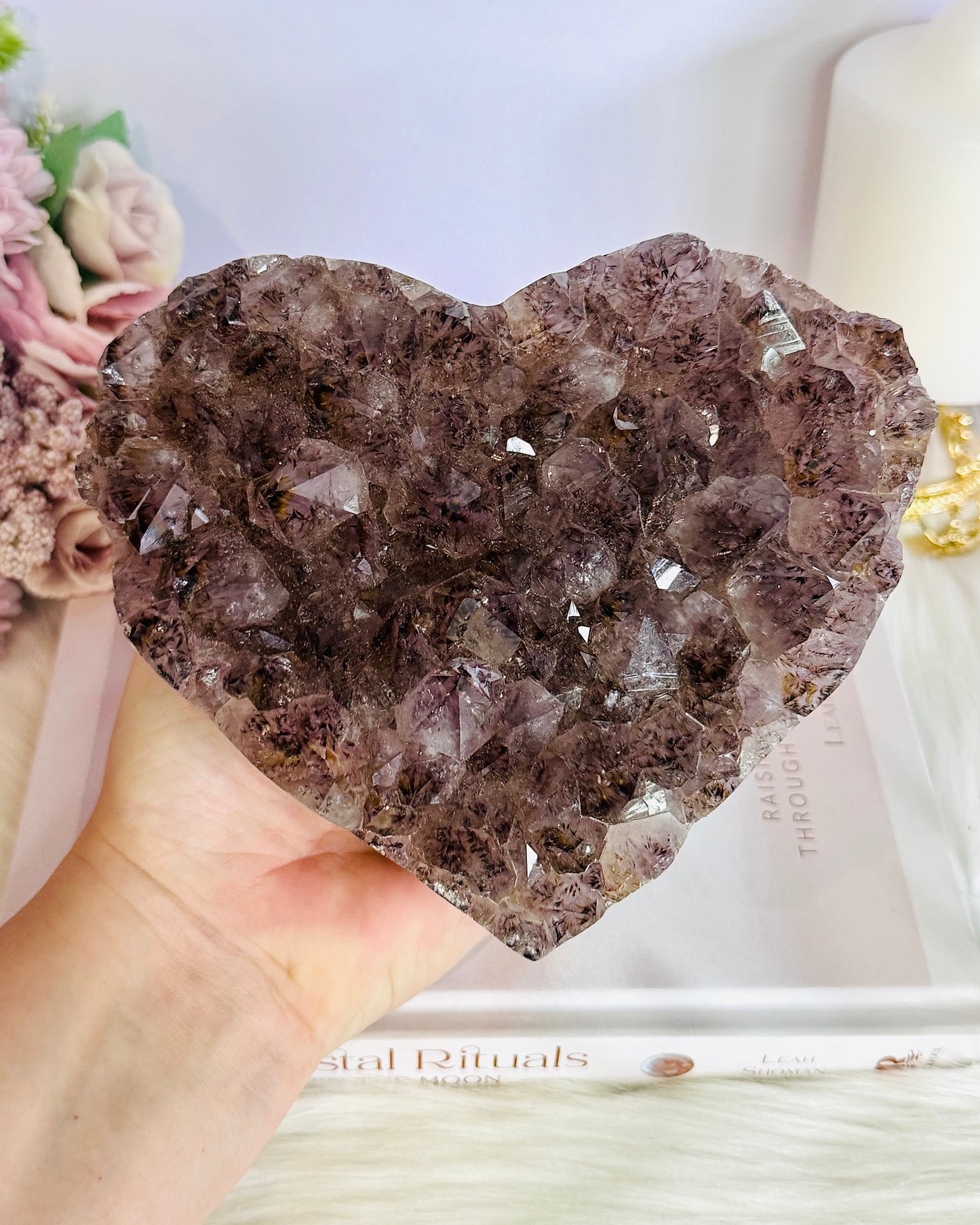 Magnificent 15cm Wide Amethyst Cluster Carved Heart On Custom Stand