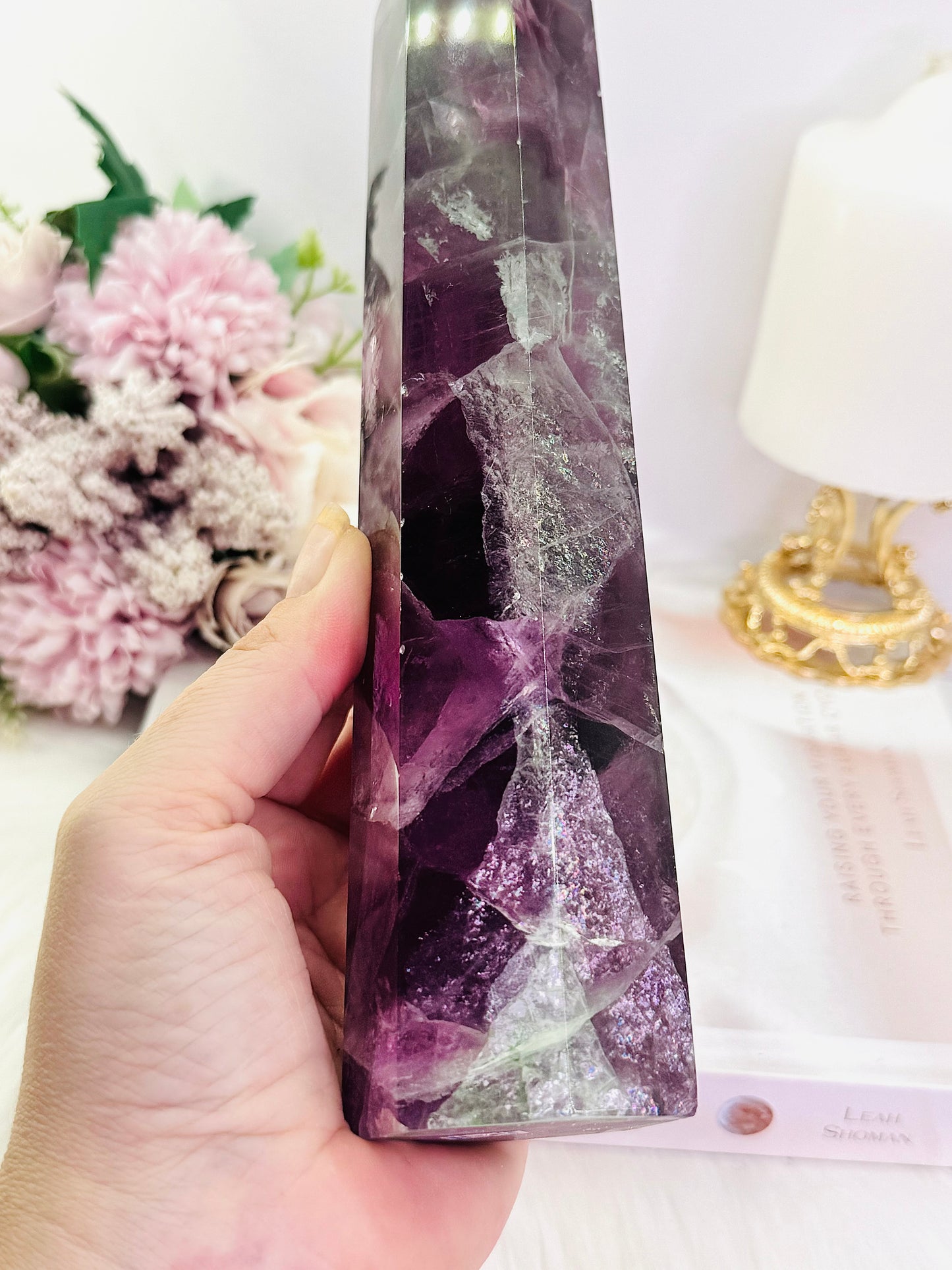 Fabulous Tall 23.5cm 968gram Purple Fluorite Tower with Rainbows