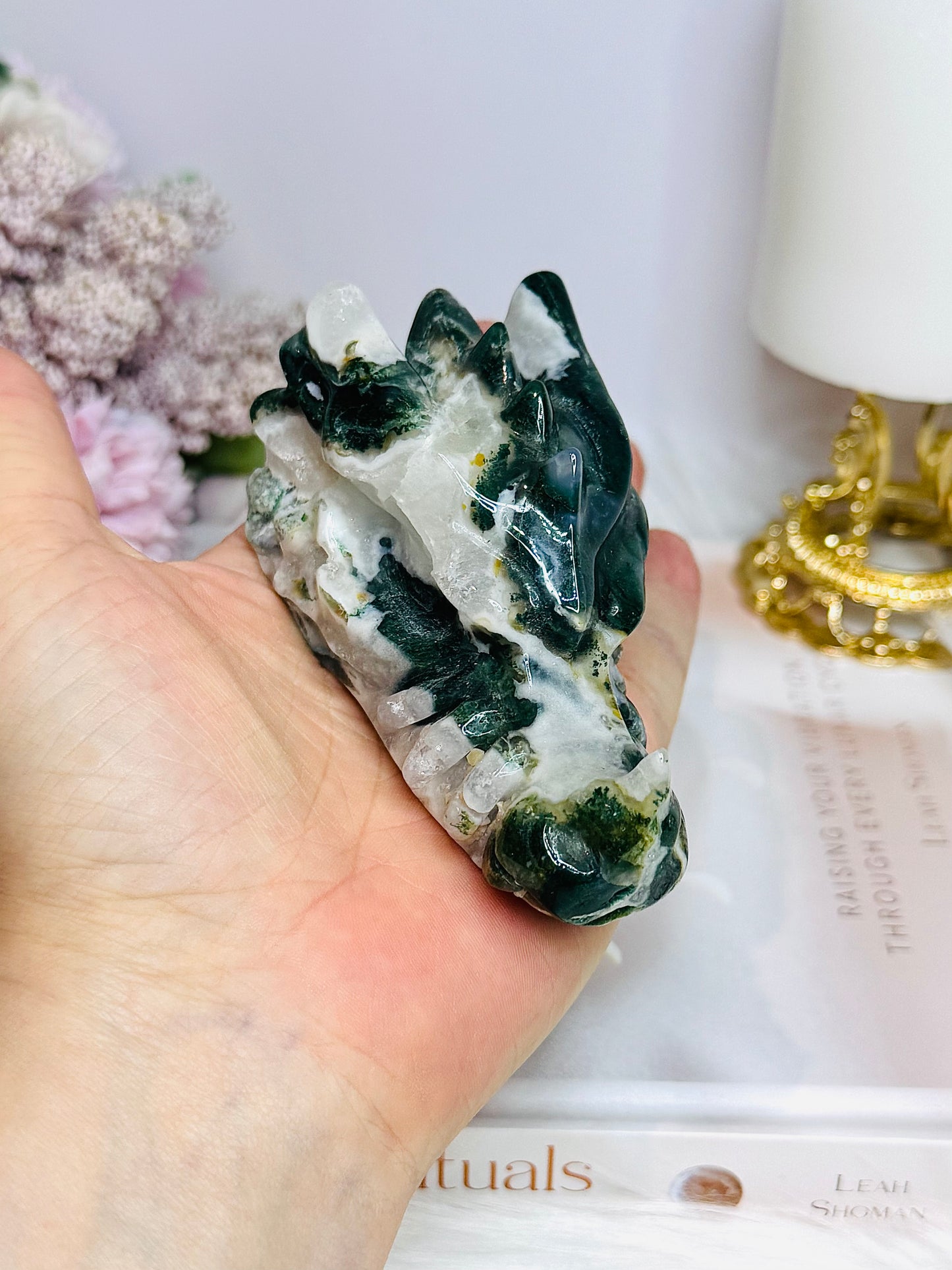 Moss Agate Carved Dragon Head 220g 9.5cm