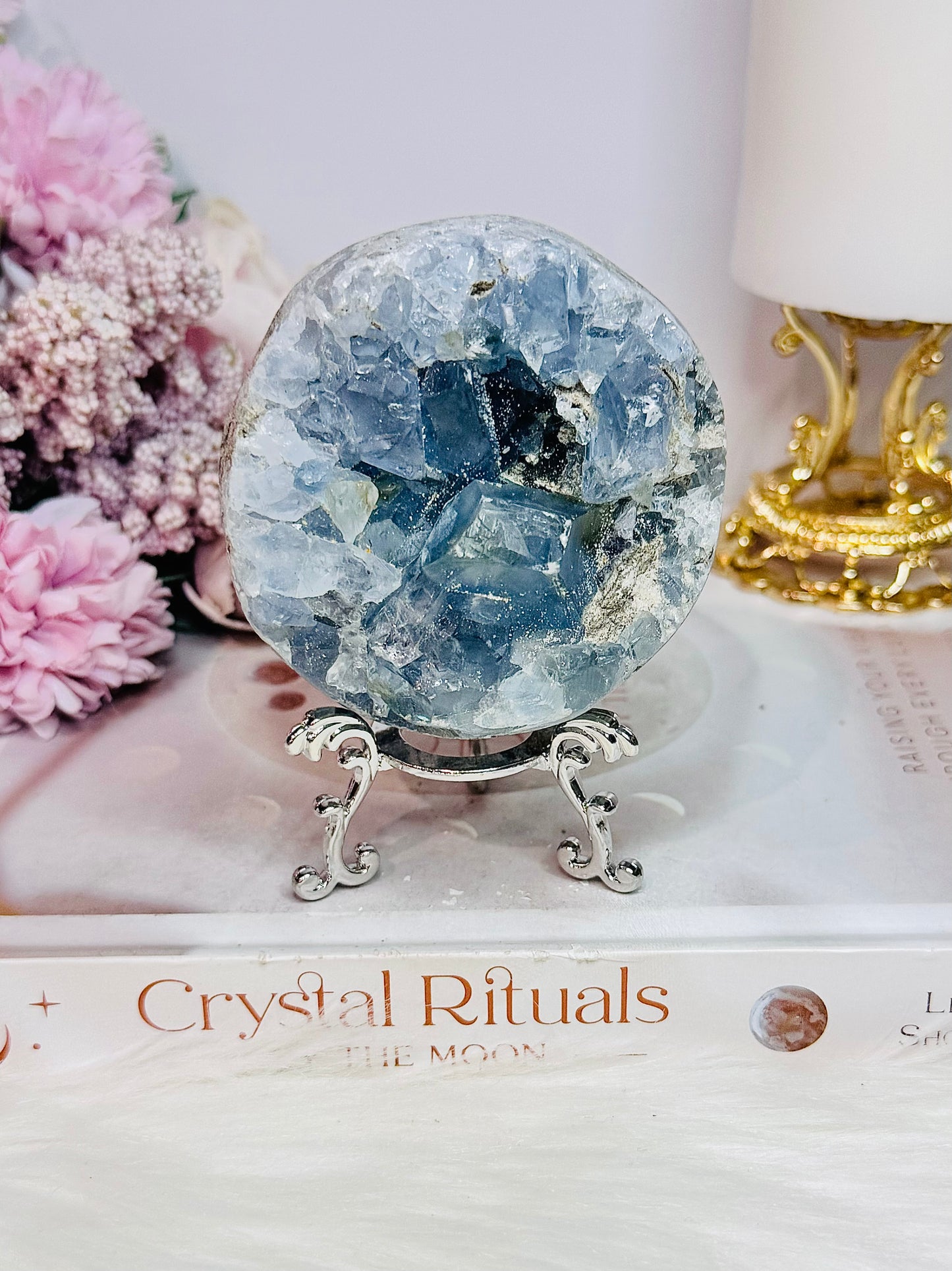 Blue Celestite Large Chunky Natural Druzy Sphere On Stand 648grams