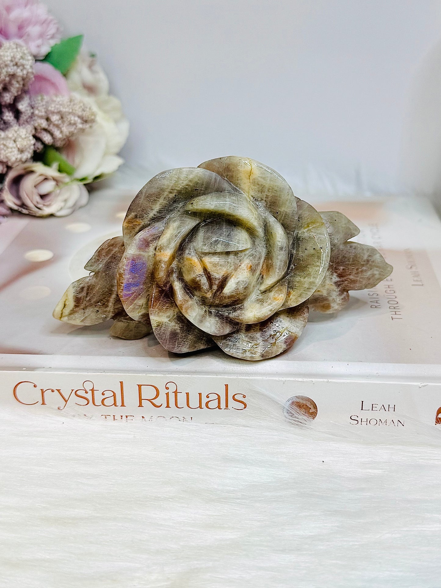 Large High Grade Moonstone Rose With Flash on Gold Stand 18cm
