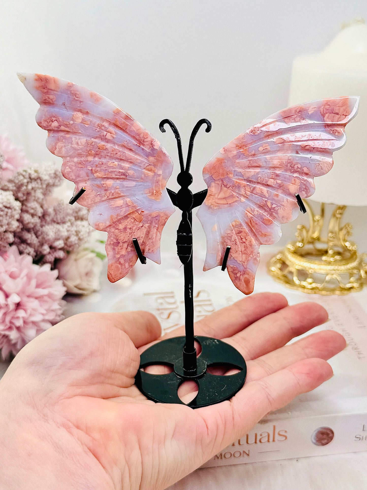 Beautiful 13cm Pink Agate Butterfly Wings On Black Stand