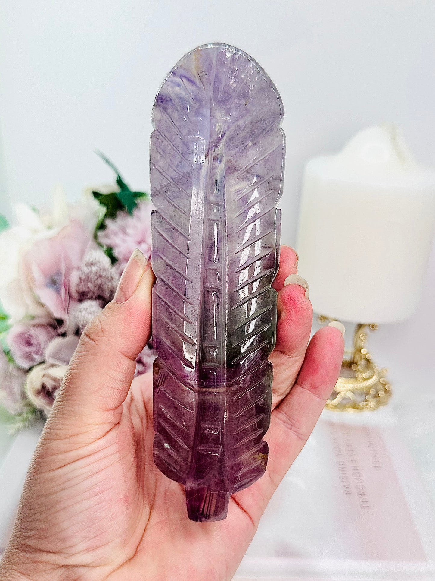 Absolutely Incredible Large 15.5cm Fluorite Carved Feather with Rainbows ~ Just Gorgeous