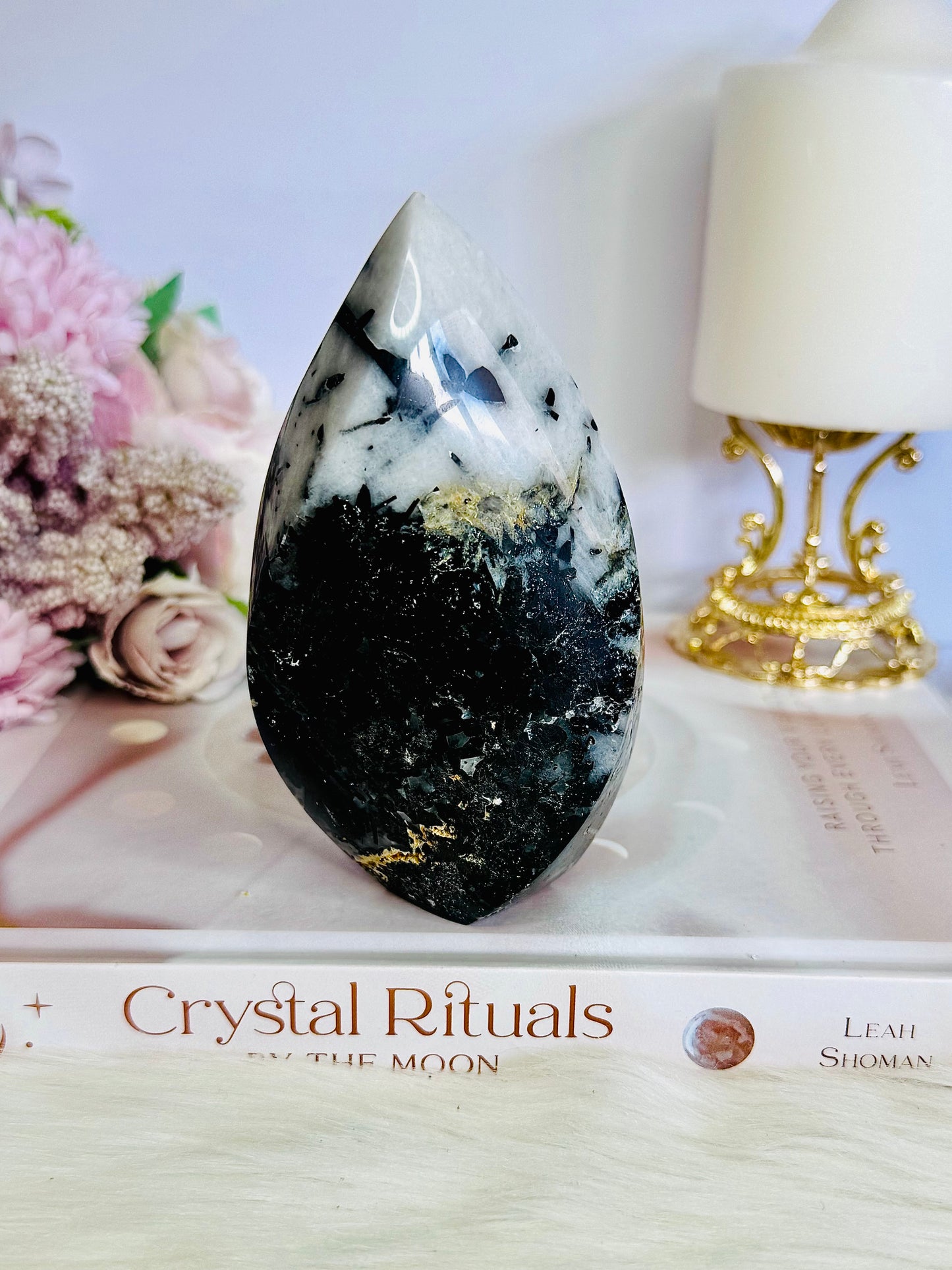 Incredible Large Natural Black Tourmaline In Quartz Carved Flame | Freeform 11.5cm