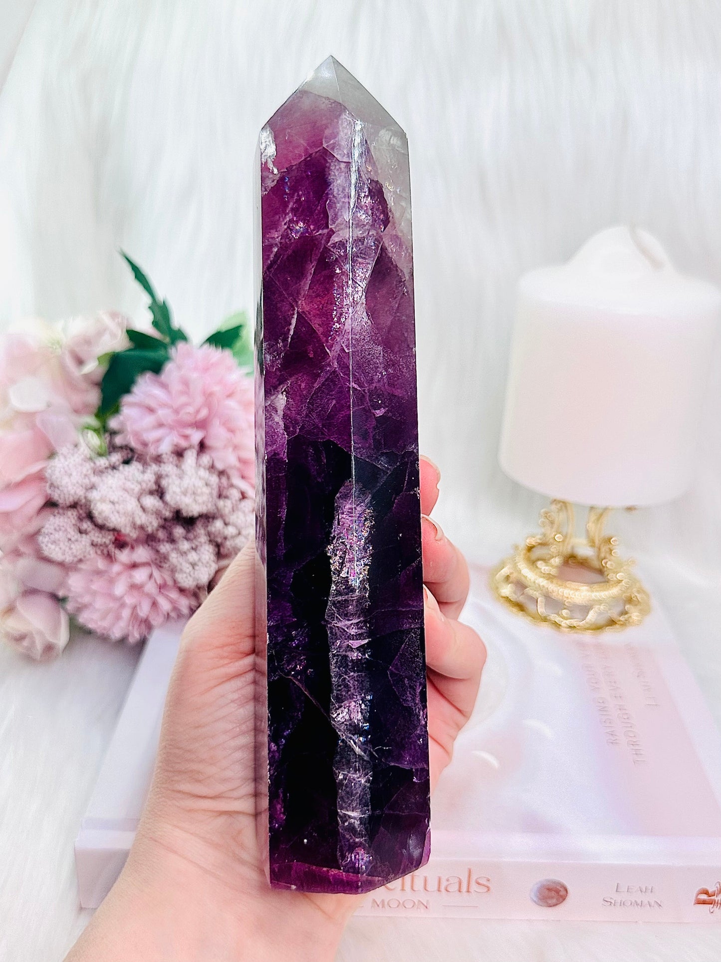 Large 20cm Stunning Purple Fluorite Tower with Rainbows (the tower has a slight tilt)