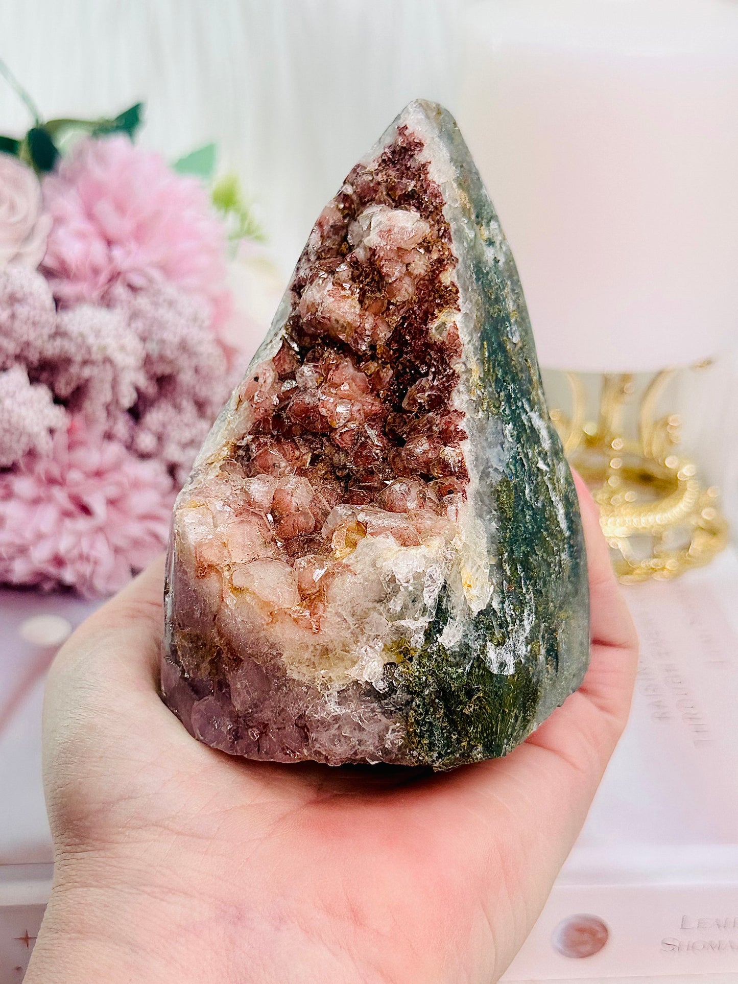 Love This! Unique Shape Pink Amethyst Druzy Freeform with Green Jasper Inclusions From Brazil 464grams