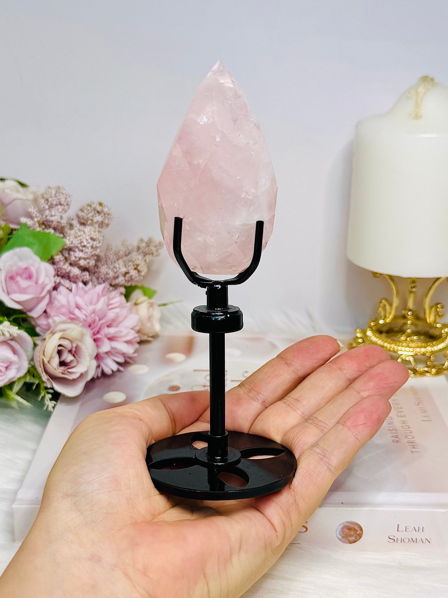 Rose Quartz Carved Faceted Diamond on Stand 15cm
