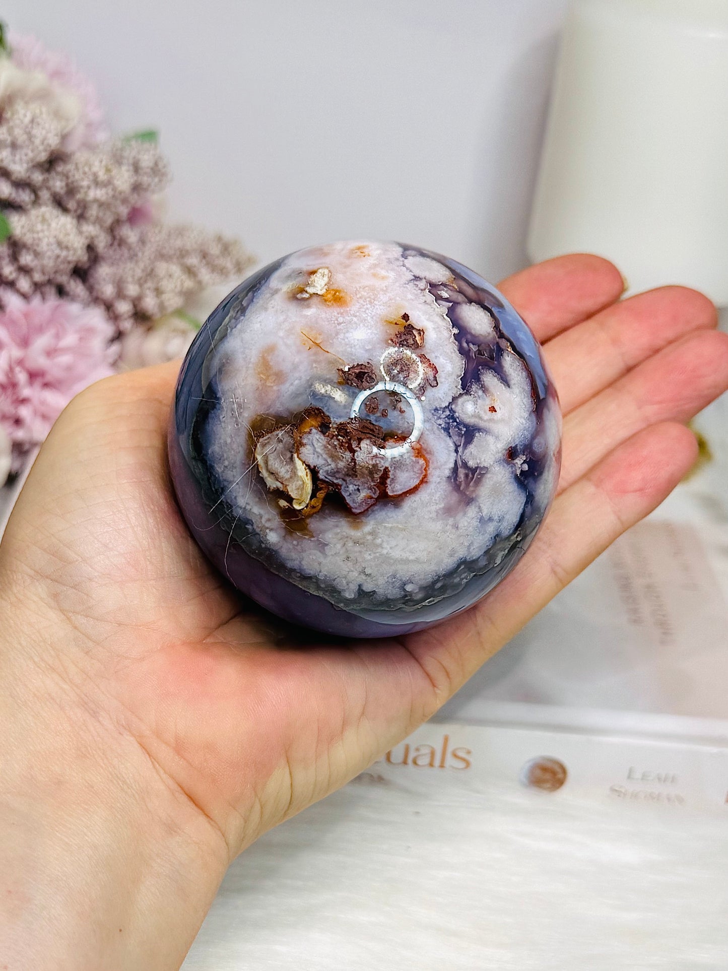 Large Blue Flower Agate | Cherry Blossom Druzy Sphere on Stand 482g