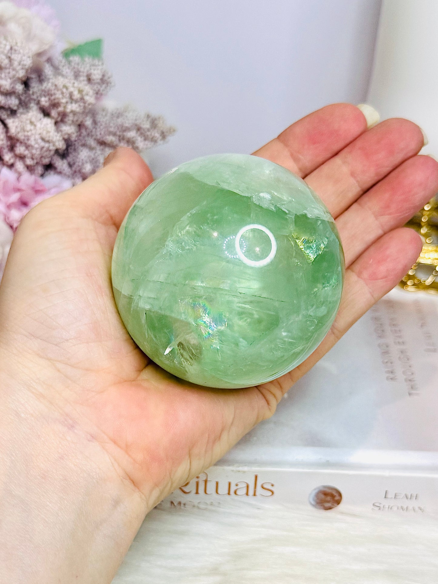Large Green Fluorite Sphere Full of Rainbows On Stand 478g