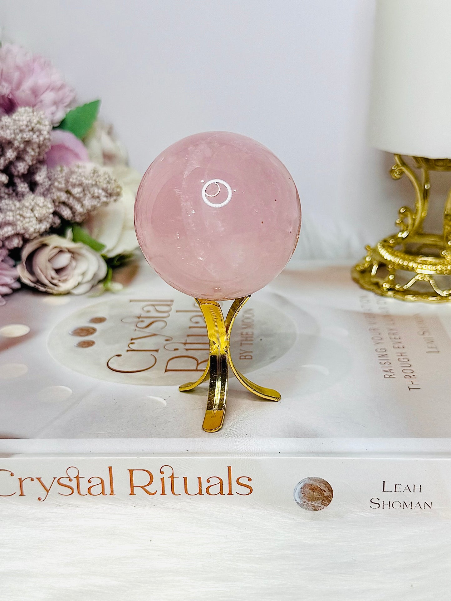 Rose Quartz Sphere with Rainbows on Stand 186g