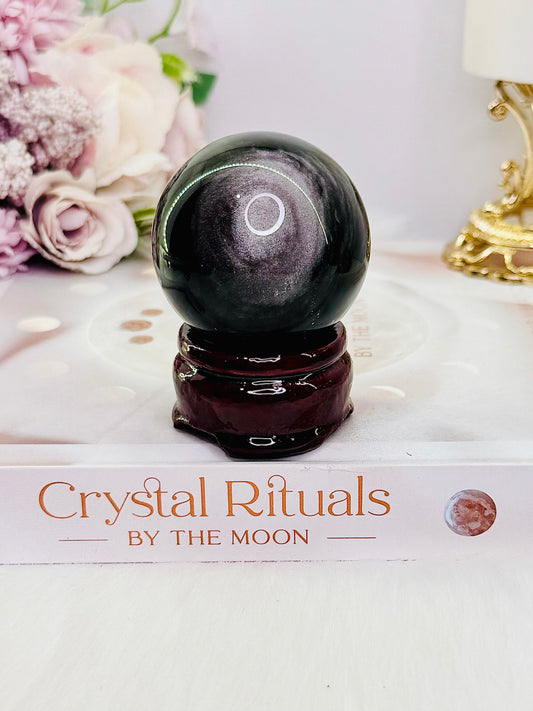 A Protective Stone ~ Beautiful Silver Sheen Black Obsidian Sphere on Timber Stand 5.5cm