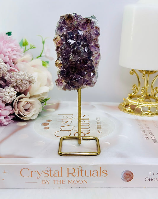 Natural Amethyst Cluster on Gold Stand From Brazil 13cm