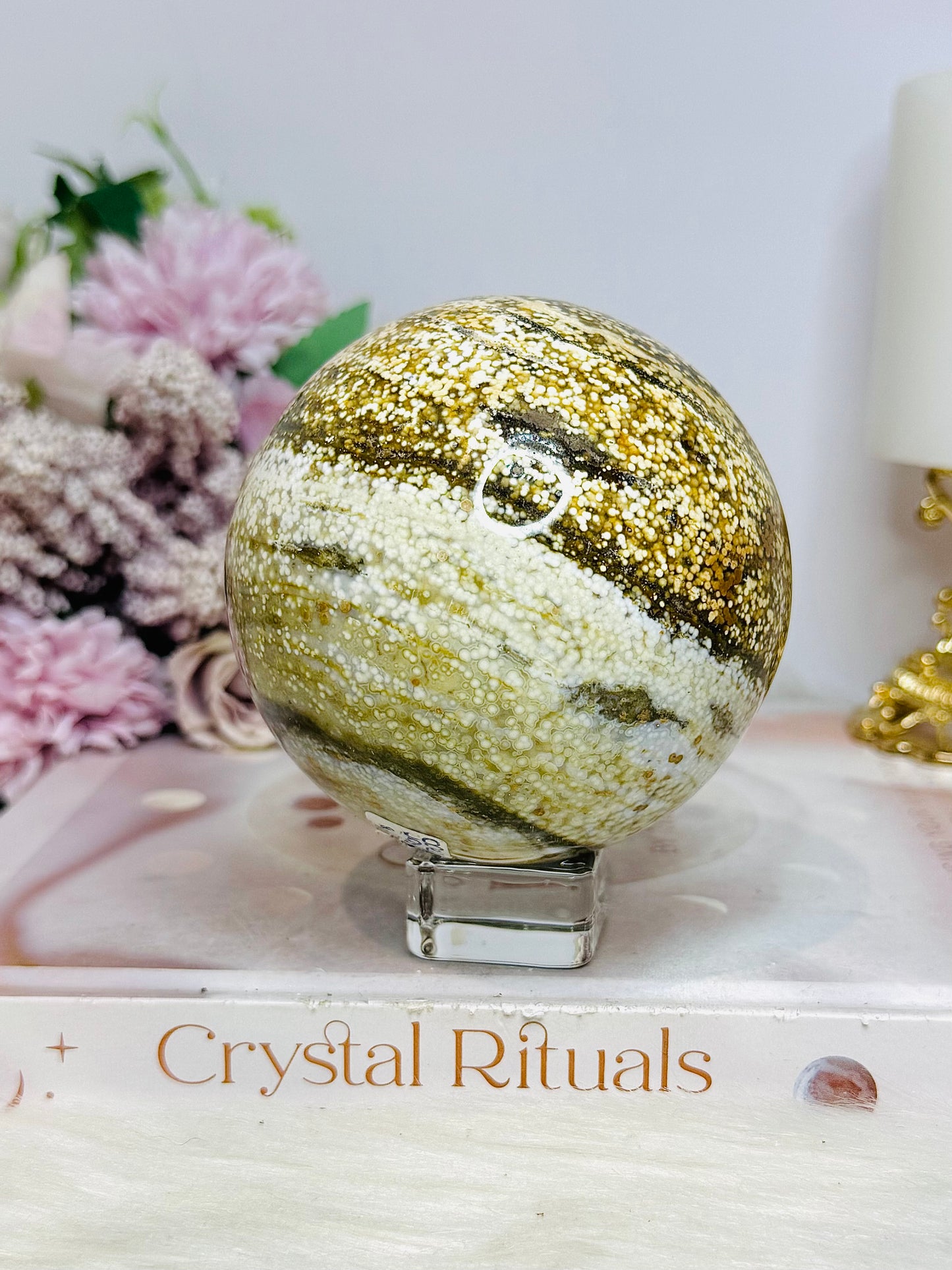 Large Orbicular Ocean Jasper Sphere On Stand 734g