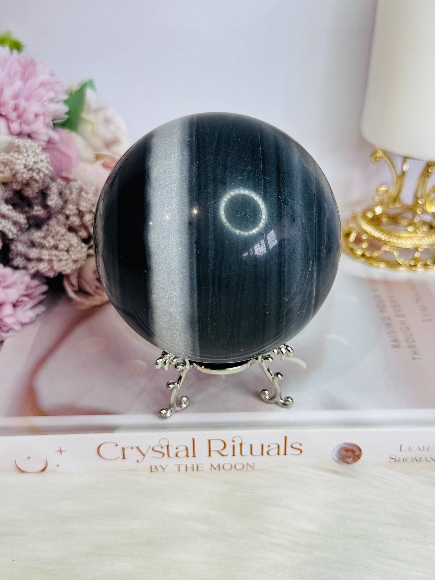 Natural Large Tai Chi Stone (White Quartz & Black Jasper) Sphere On Stand 895grams