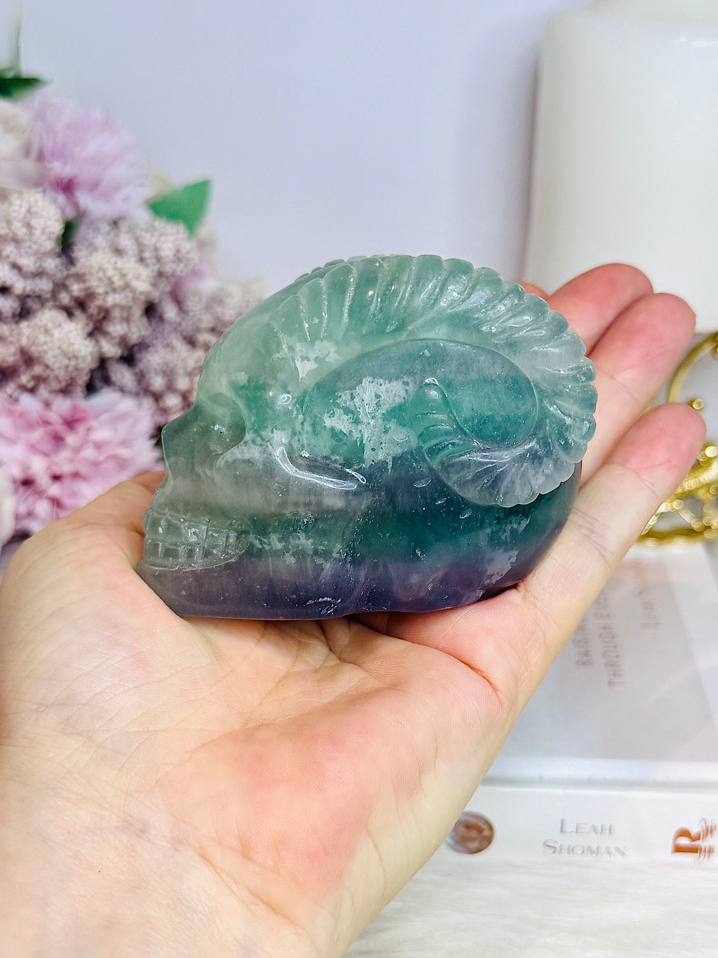 Fluorite Skull with Ram Horns 7.5cm 415g