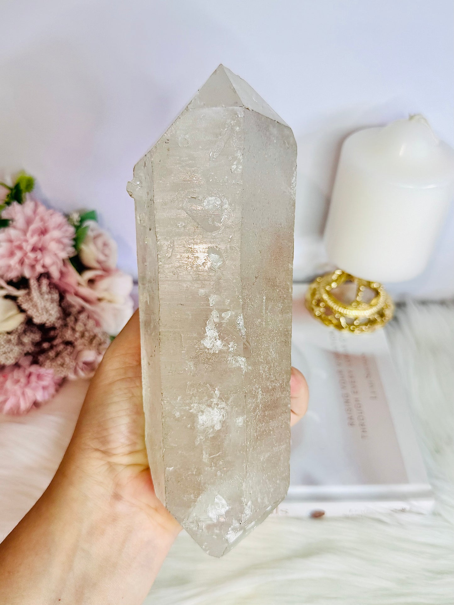 Huge Stunning 1.39KG Natural Lemurian Quartz Chunky Double Terminated Point | Tower On Stand From Brazil