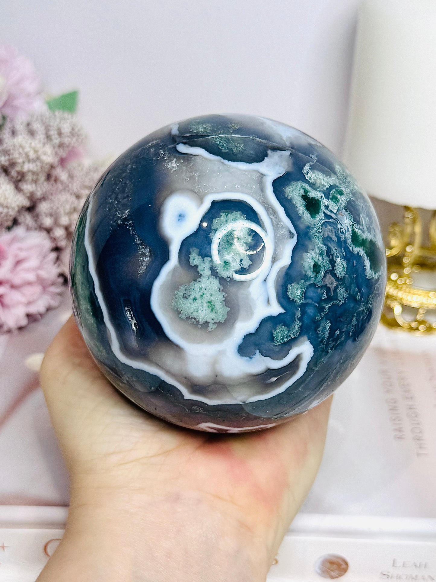 High Grade Druzy Moss Agate Sphere on Stand 1.09KG