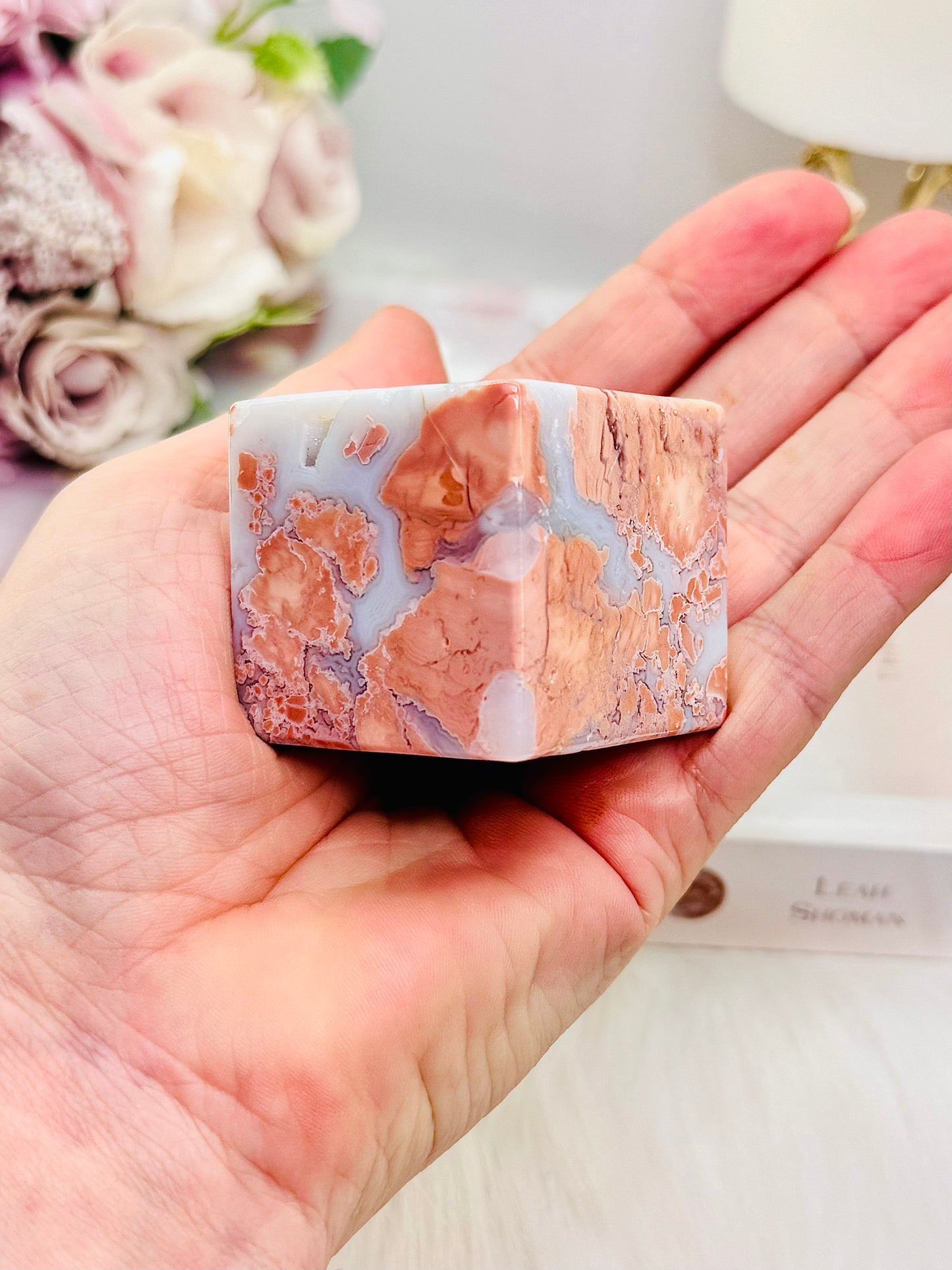 Chunky Small Pink Agate Druzy Carved Cube