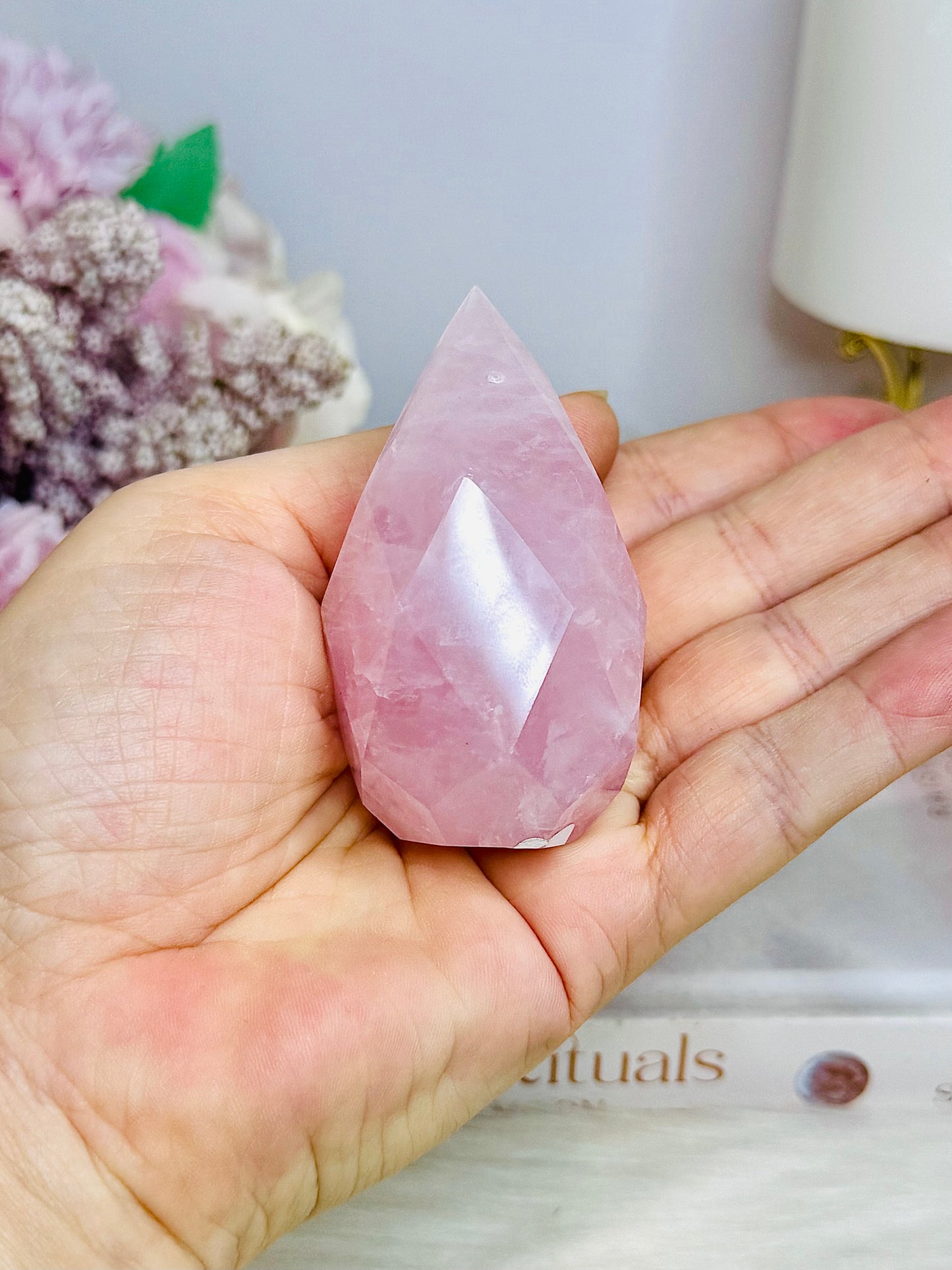 High Grade Rose Quartz Carved Diamond on Stand 14cm