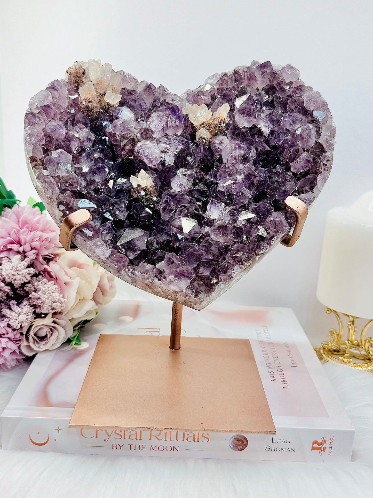 Classy & Fabulous Huge Stunning 22cm (Inc Stand) 1.87KG Amethyst Cluster Heart on Rose Gold Stand From Brazil ~ Exquisite Piece