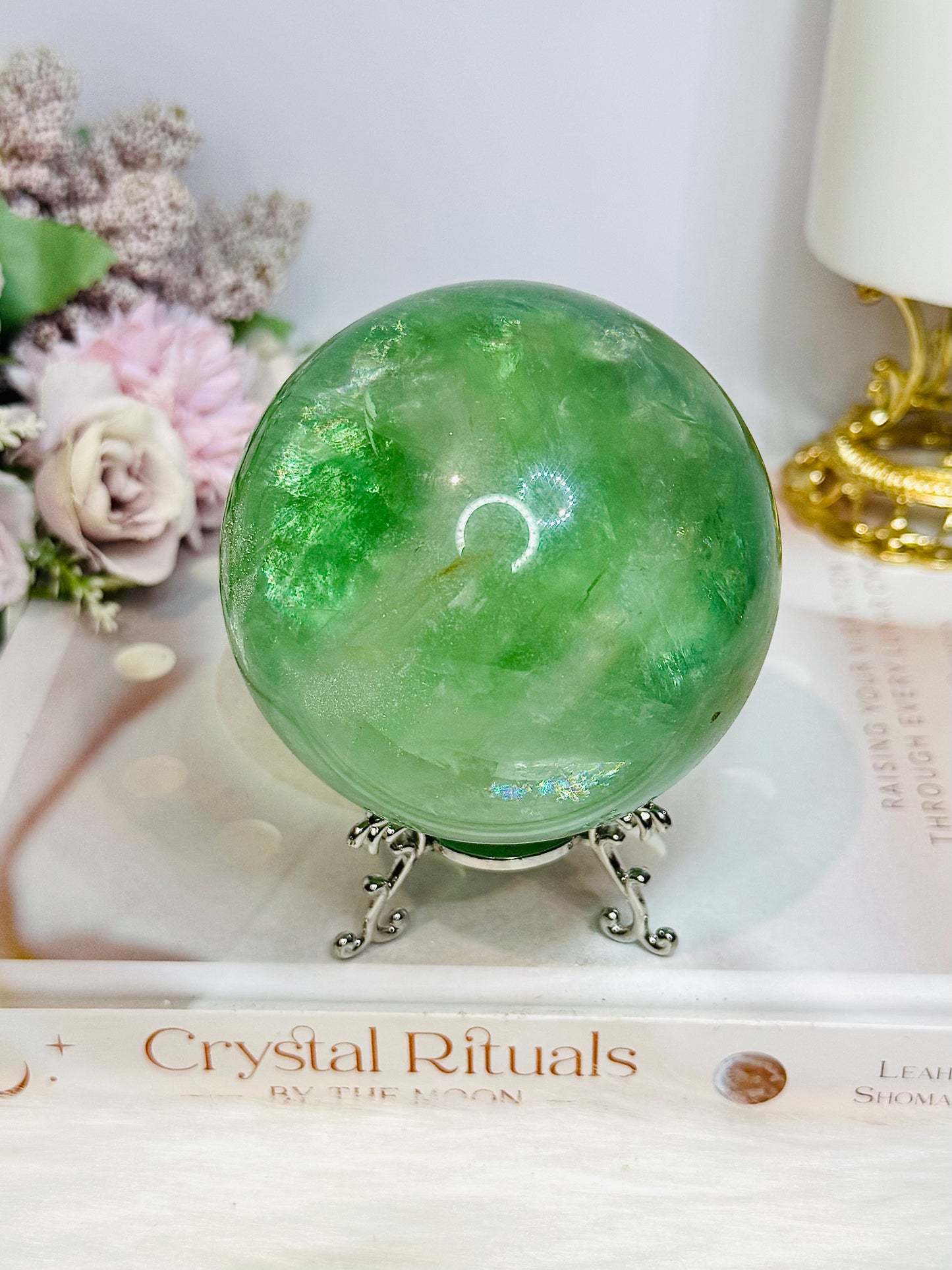 Large Green Fluorite Sphere Full of Rainbows 923g