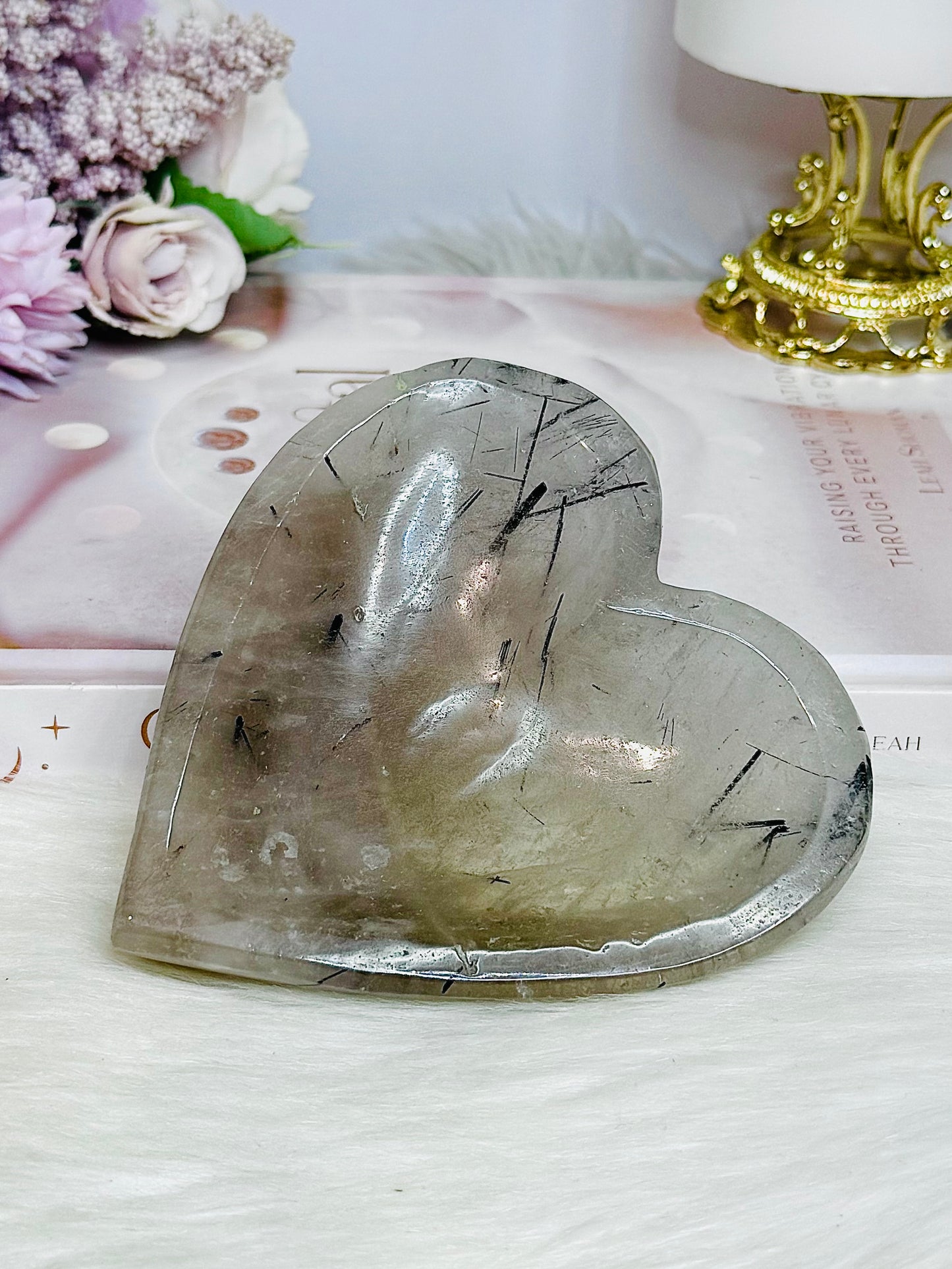 Large Chunky Black Tourmaline In Quartz Carved Heart Bowl 395g