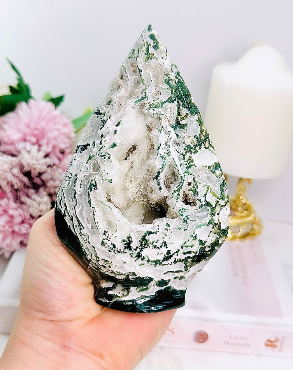 The MOST DIVINE Large 14cm 462gram Druzy Moss Agate Carved Flame | Freeform Absolutely Incredible