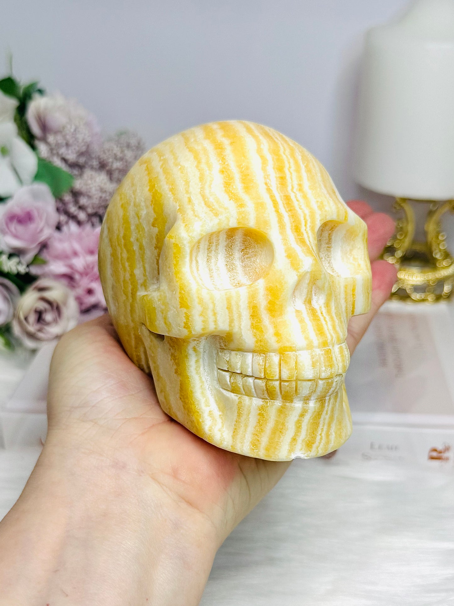 Large Orange Calcite Carved Skull 11.5cm 1.01KG