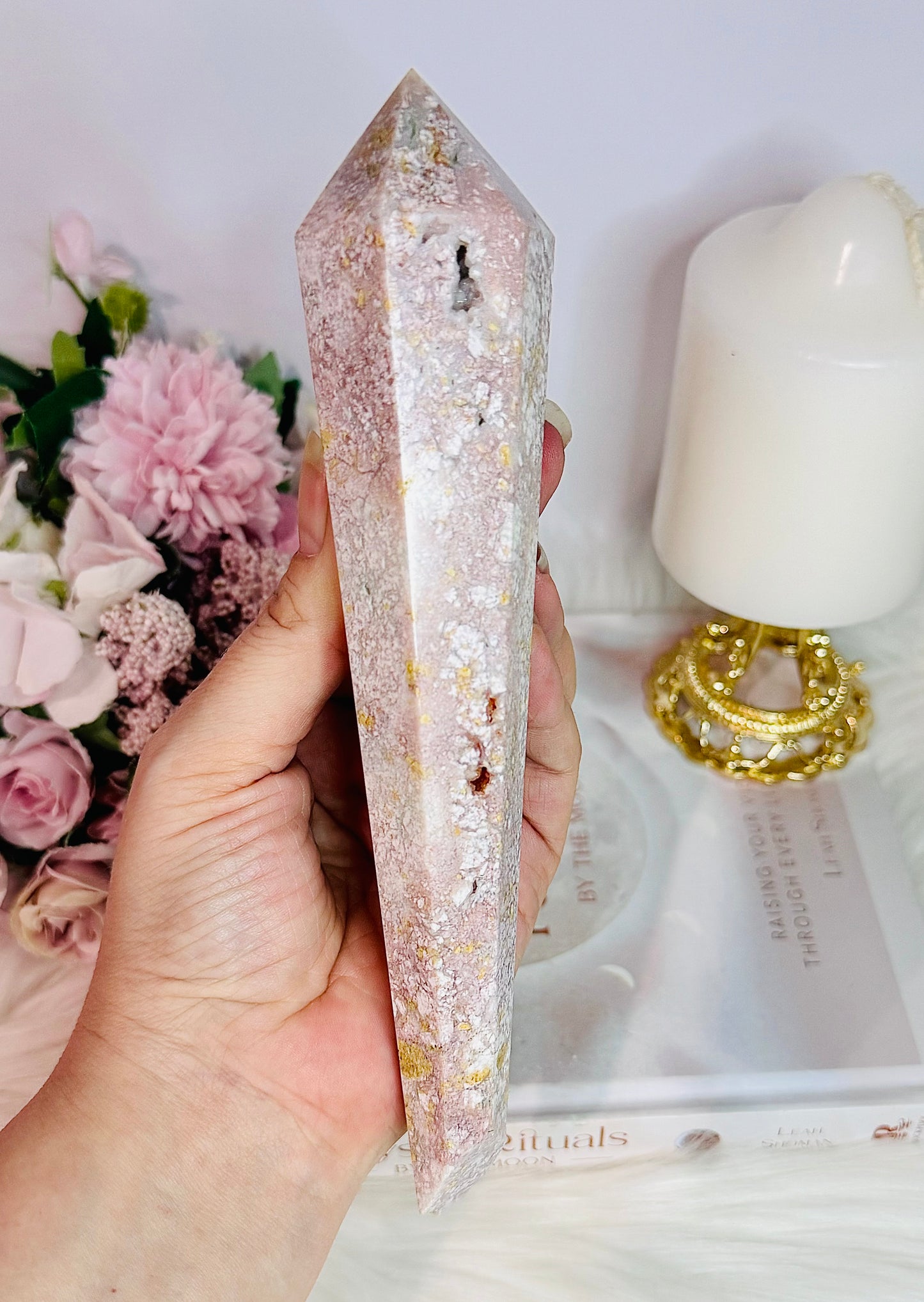 Fabulous Large 20cm Druzy Pink Agate Carved Wand on Stand