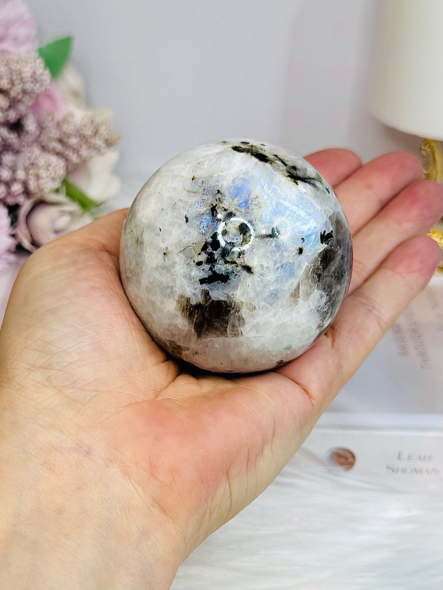 Rainbow Moonstone Sphere on Stand with Blue Flash 337g