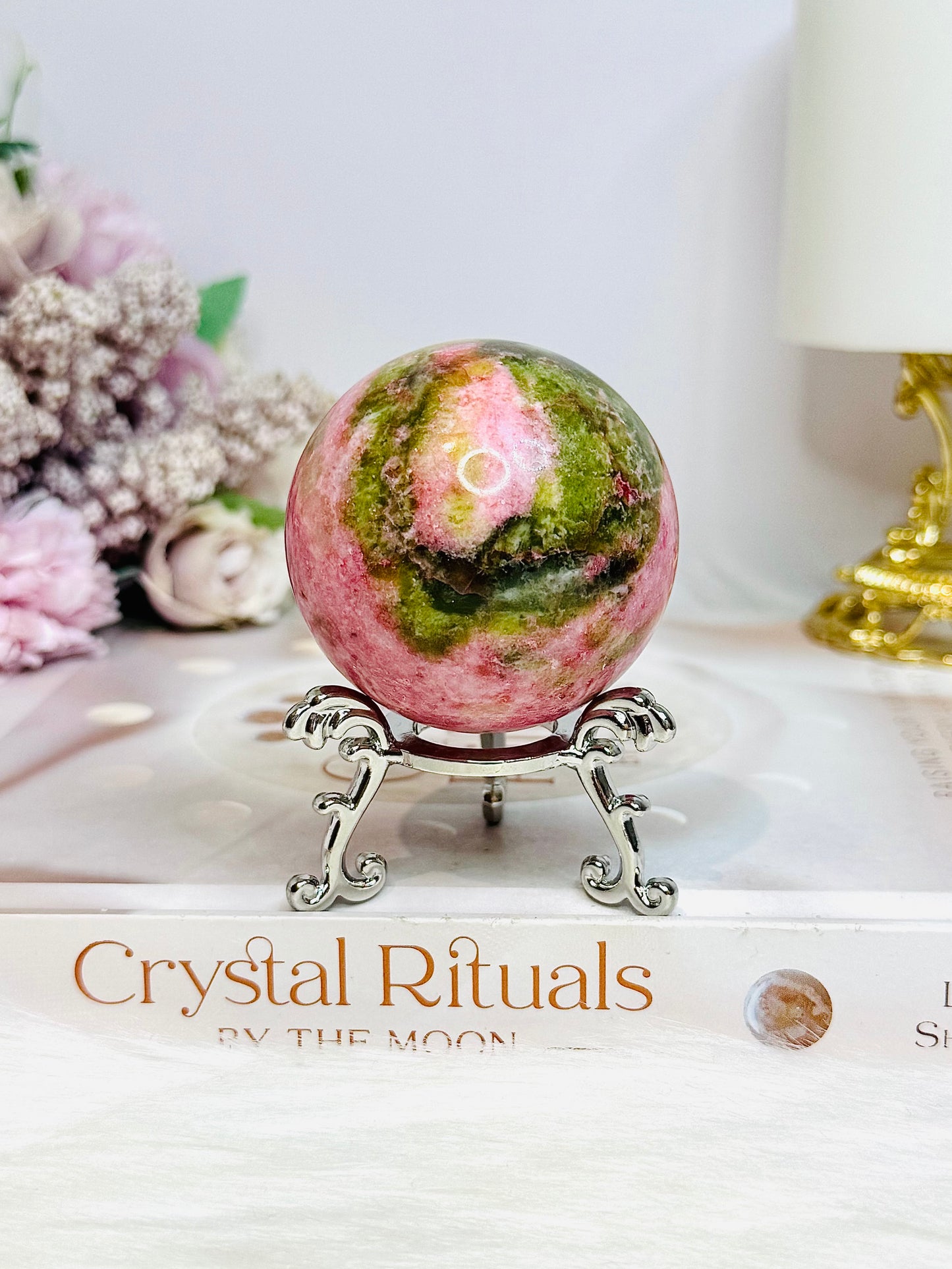 Thulite Sphere with Epidote 209g On Stand