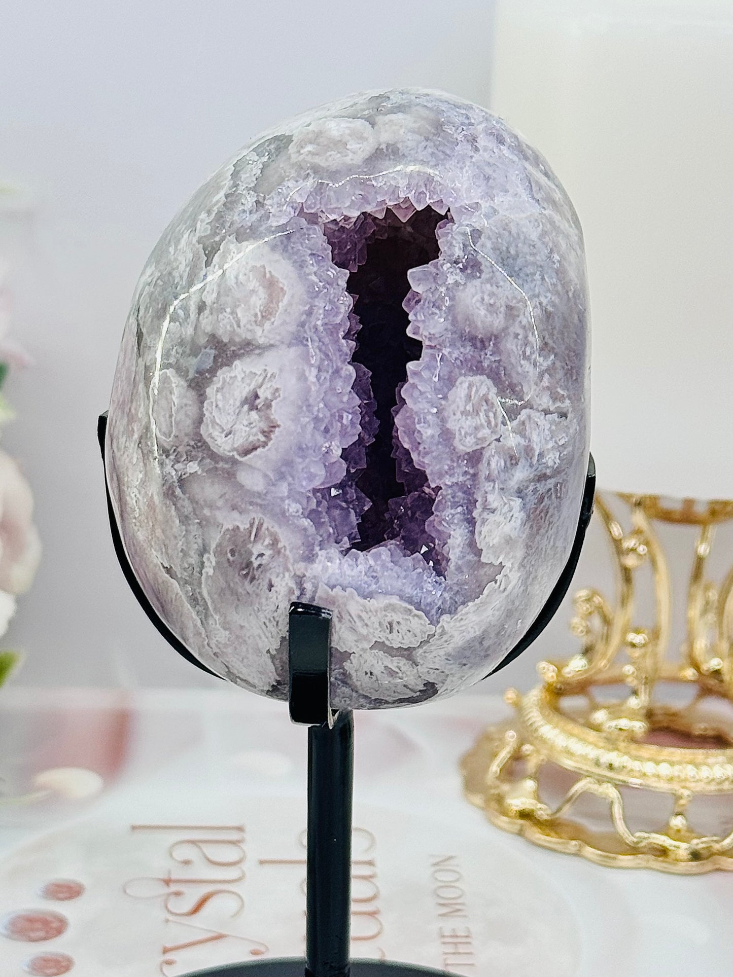 High Grade 14.5cm Druzy Pink Amethyst Freeform | Egg On Stand 558grams