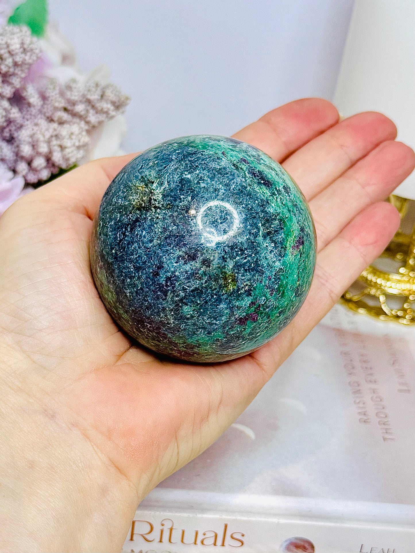 Large Ruby Fuchsite Sphere on Stand UV Reactive 422g