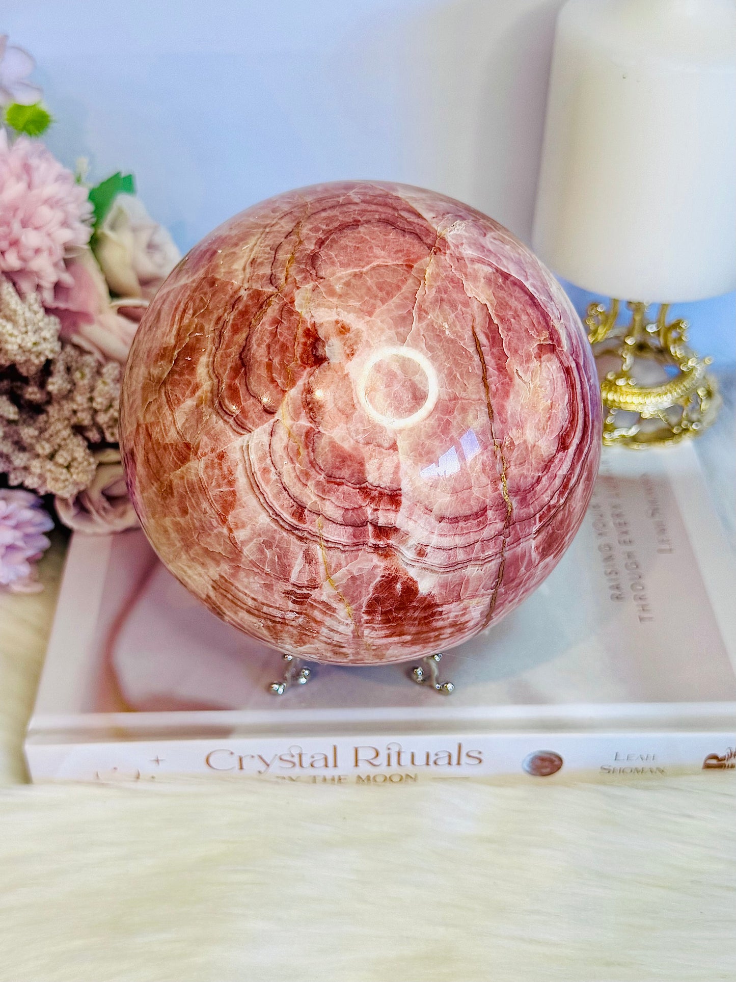 Huge 2.3KG Red Banded Calcite | Pork Stone Sphere On Stand