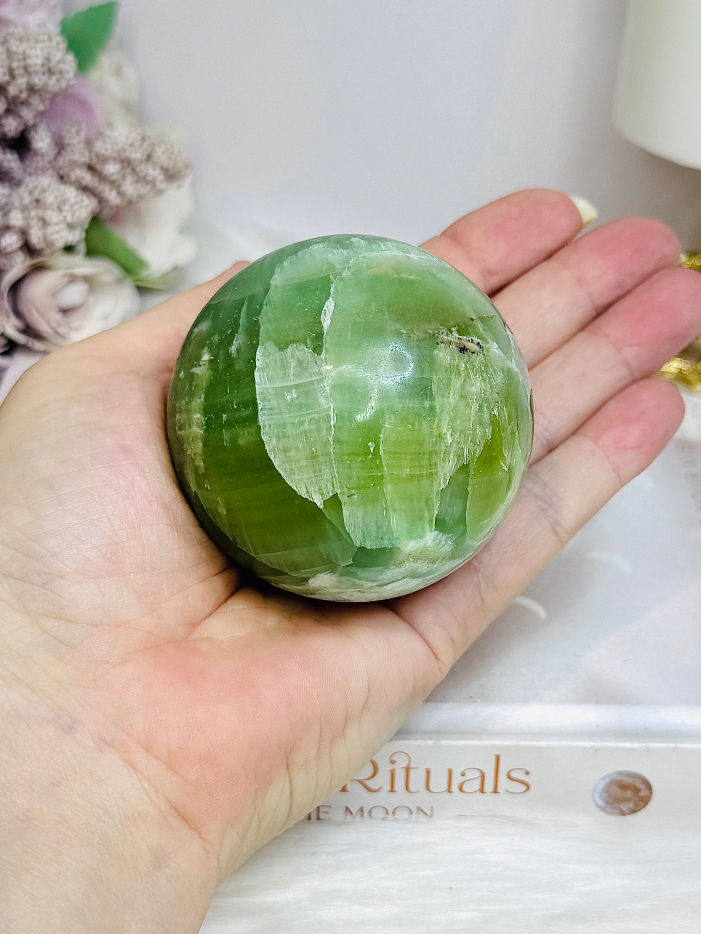 Green Calcite Druzy Sphere on Stand 351g