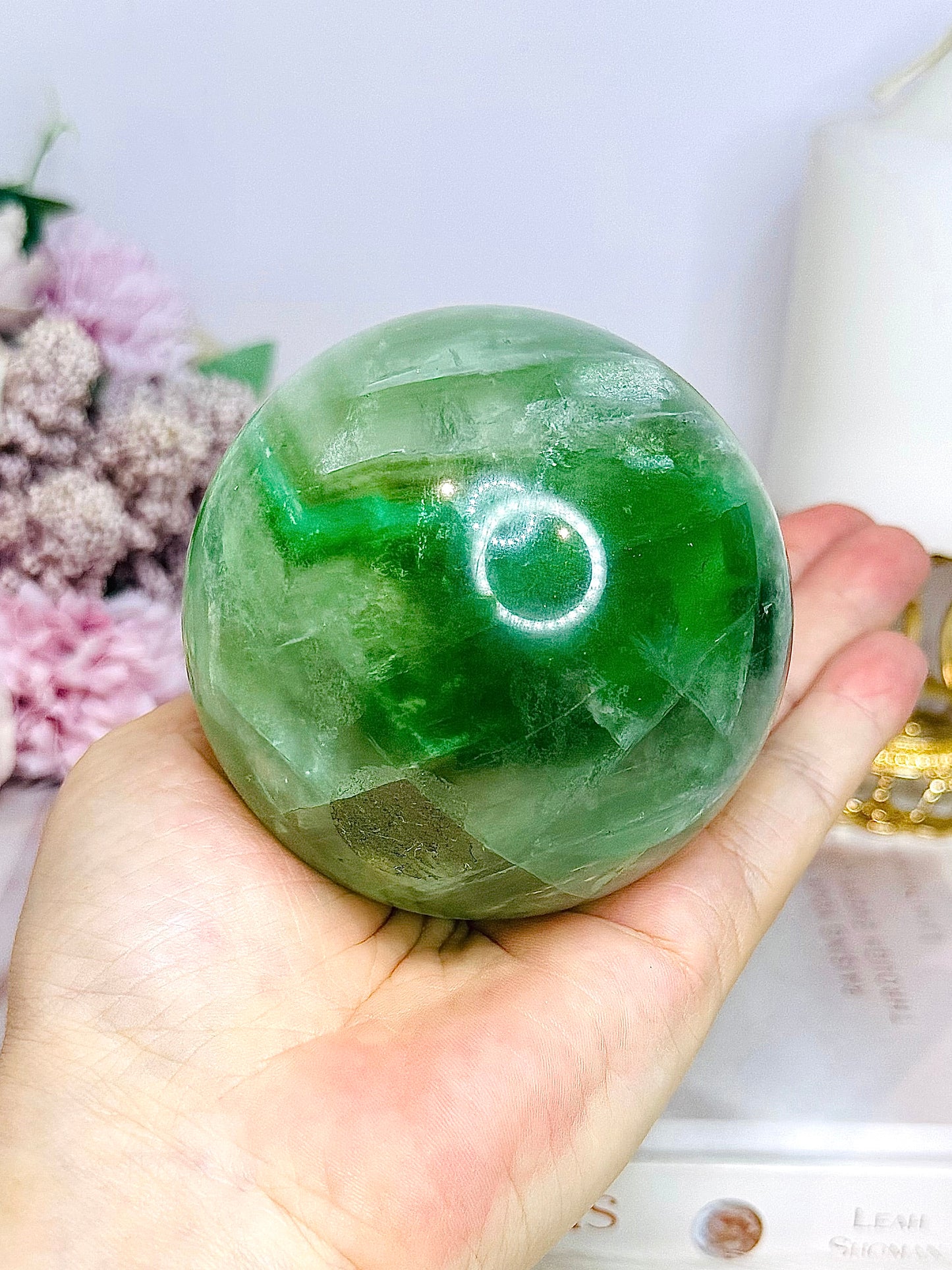 Large Green Fluorite Sphere Full of Rainbows 777g