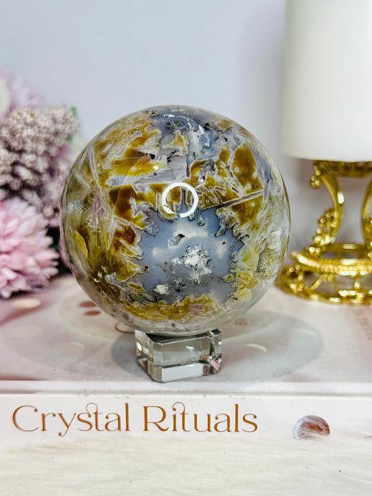 Large Ocean Jasper Rutile Druzy Sphere on Stand